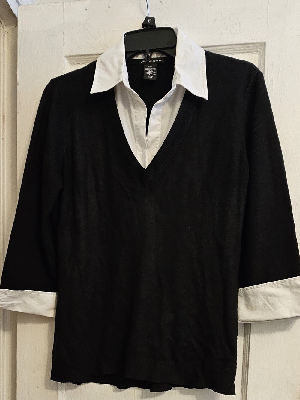 New York & Company - Black V-Neck Twofer Sweater with White Shirt Detail
